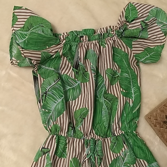 Tropical green & tan striped off shoulder romper - Picture 2 of 4